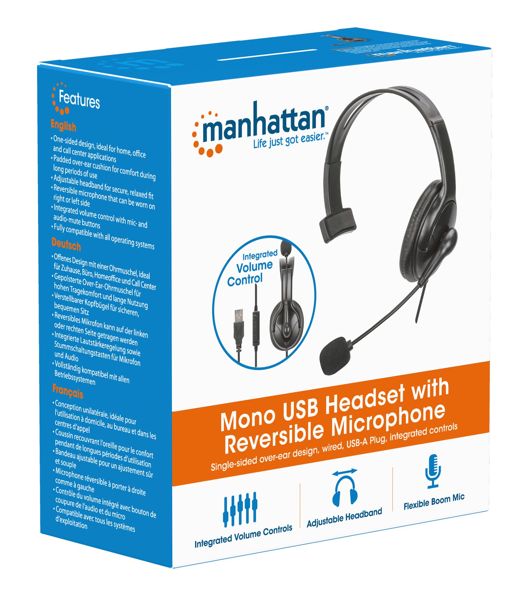 Cuffia Mono USB con Microfono Reversibile Cavo 2m MANHATTAN - immagine 2