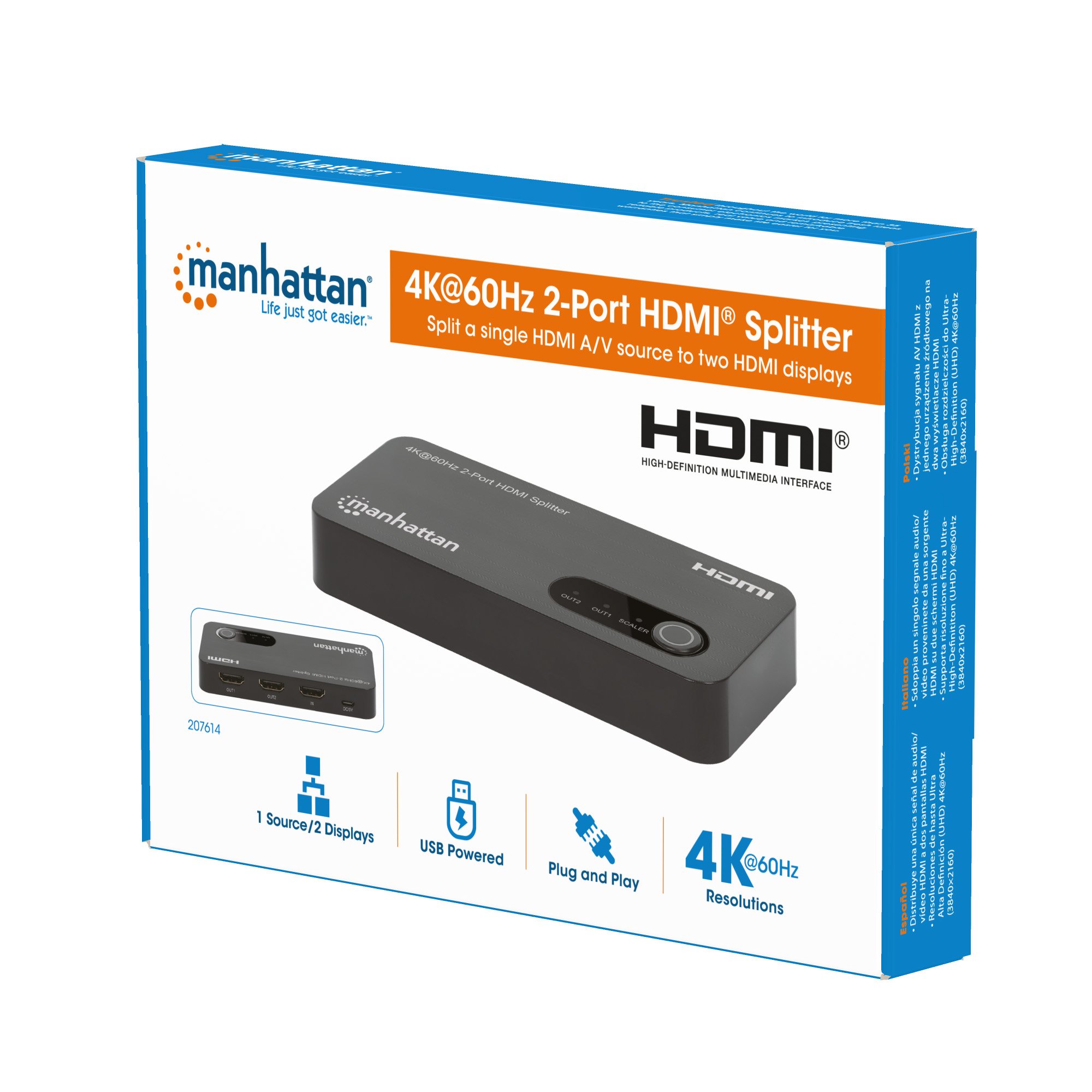 Splitter HDMI 4K@60Hz UHD 3D con LED 2 vie MANHATTAN - immagine 2