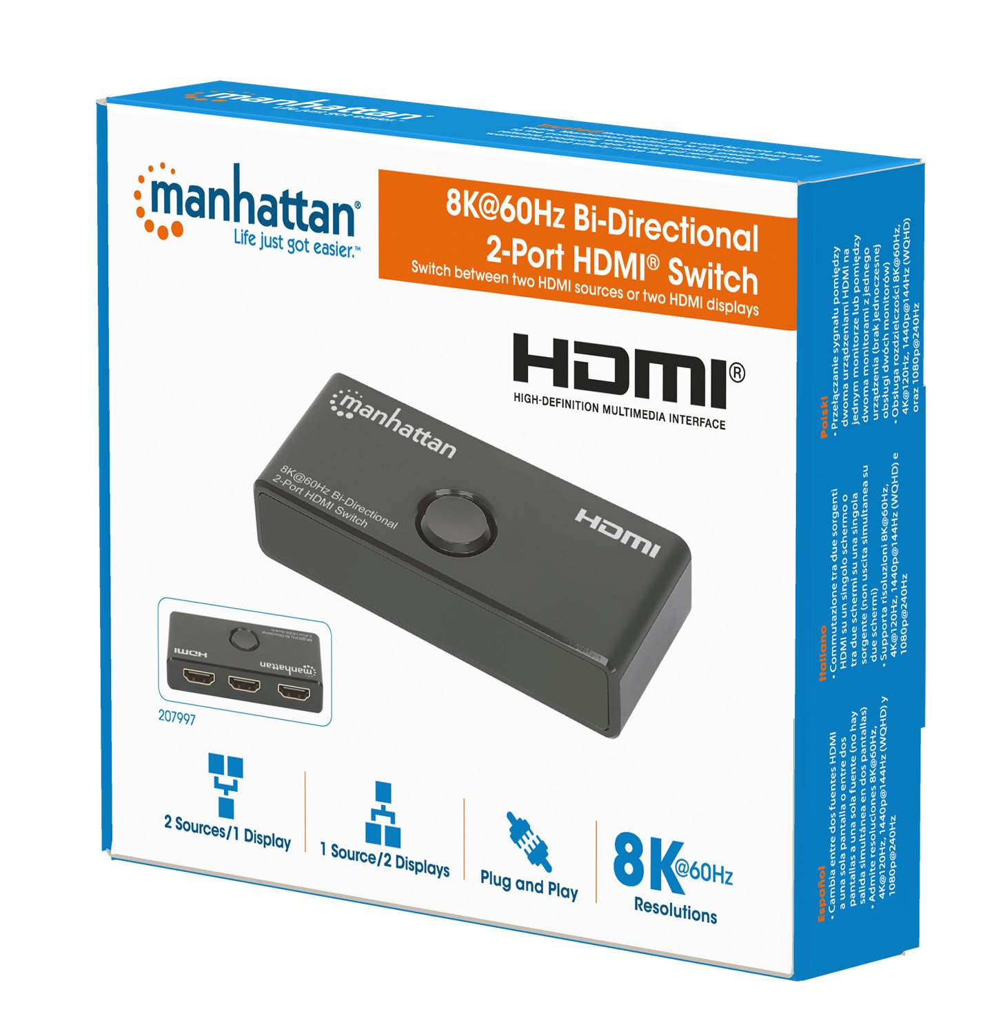 Switch HDMI 2 Porte 8K@60Hz Bidirezionale MANHATTAN - immagine 2