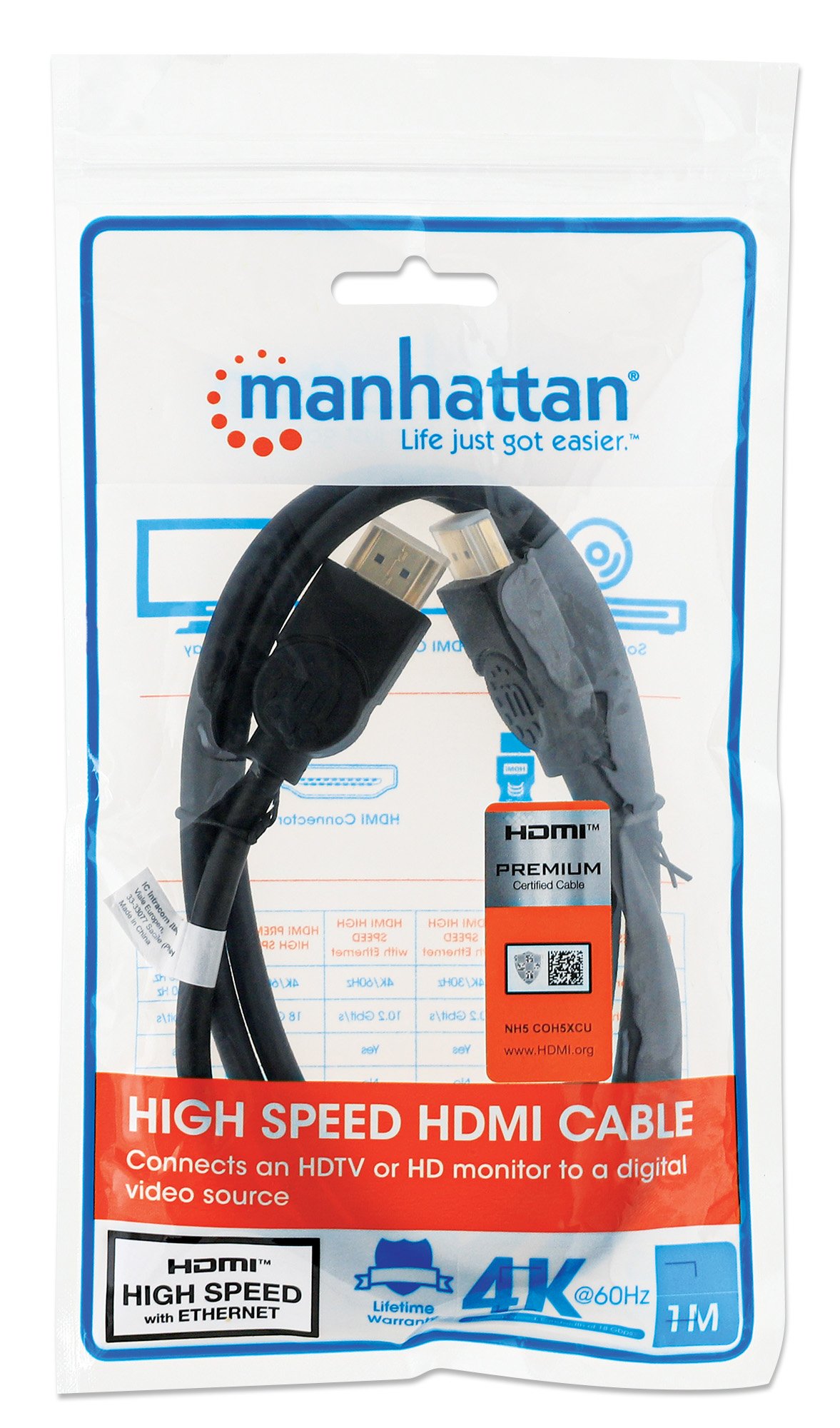 Cavo HDMI High Speed con Ethernet Premium 1m MANHATTAN - immagine 2