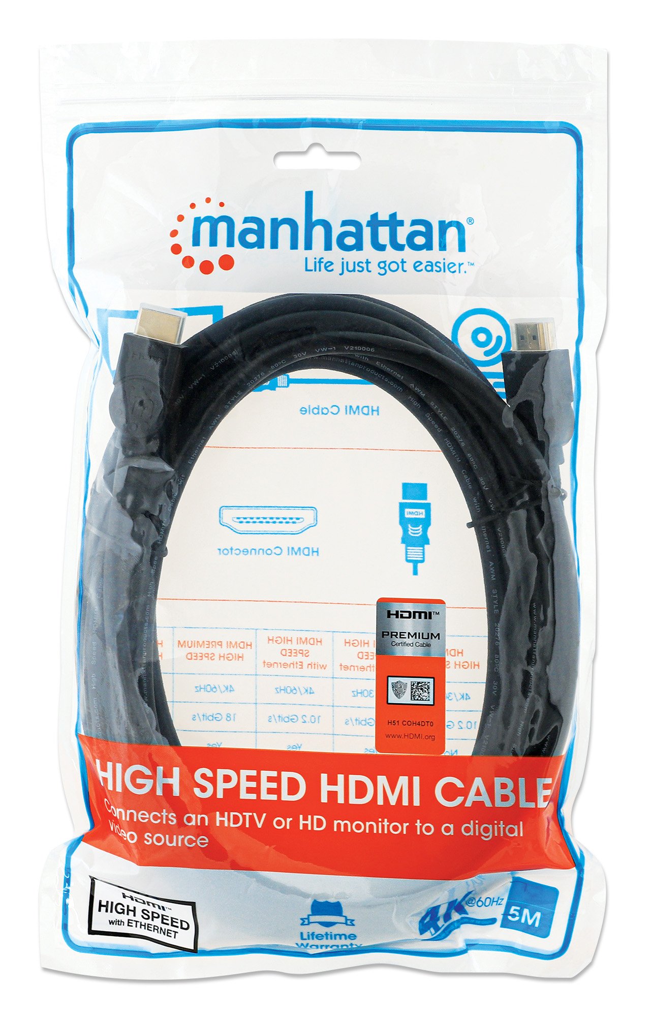 Cavo HDMI High Speed con Ethernet Premium 5m MANHATTAN - immagine 2