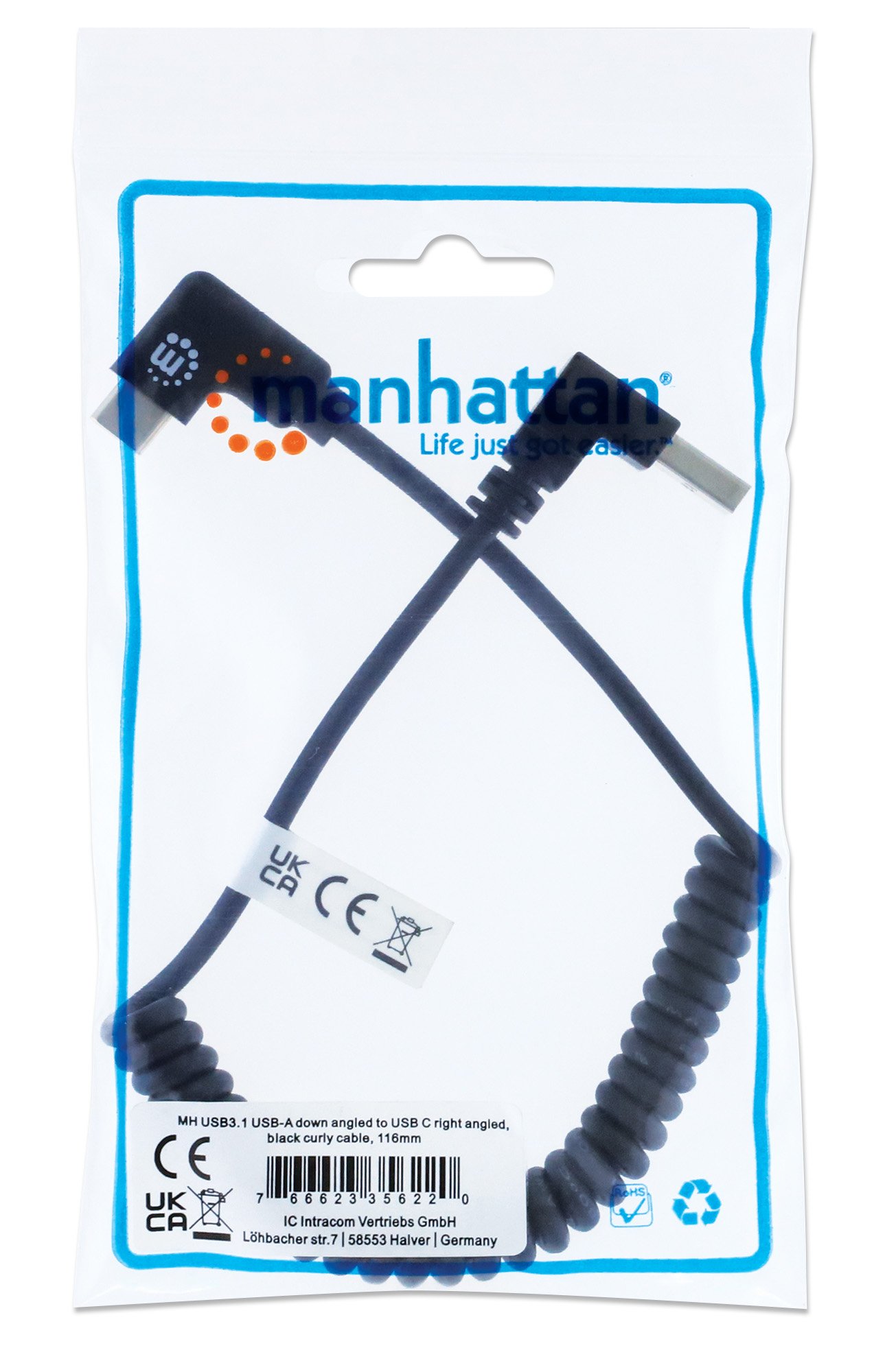 Cavo di Ricarica USB-A a USB-C™ 1m Spiralato Nero MANHATTAN - immagine 2