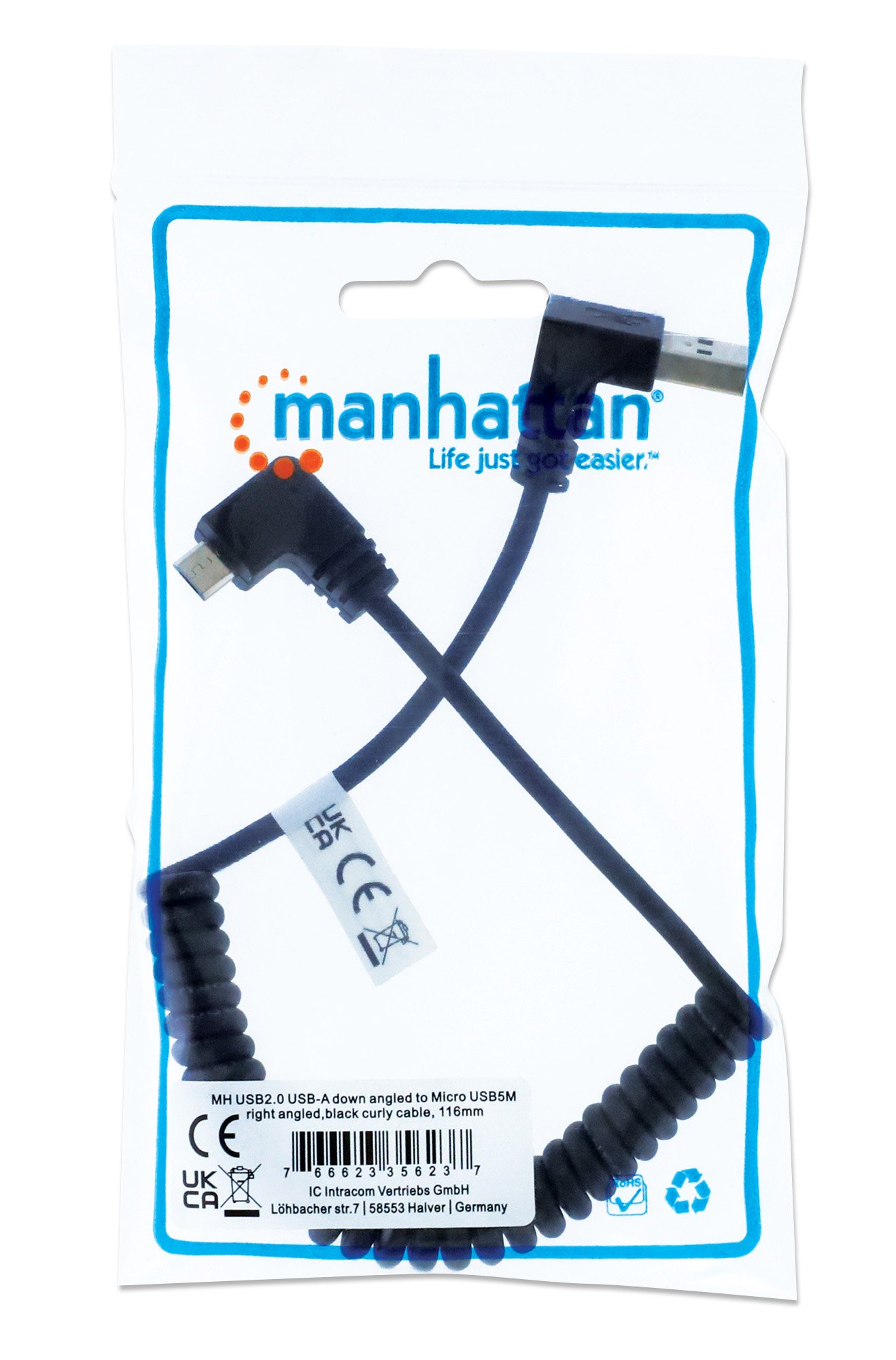 Cavo di Ricarica USB-A a Micro-USB 1m Spiralato Nero MANHATTAN - immagine 2