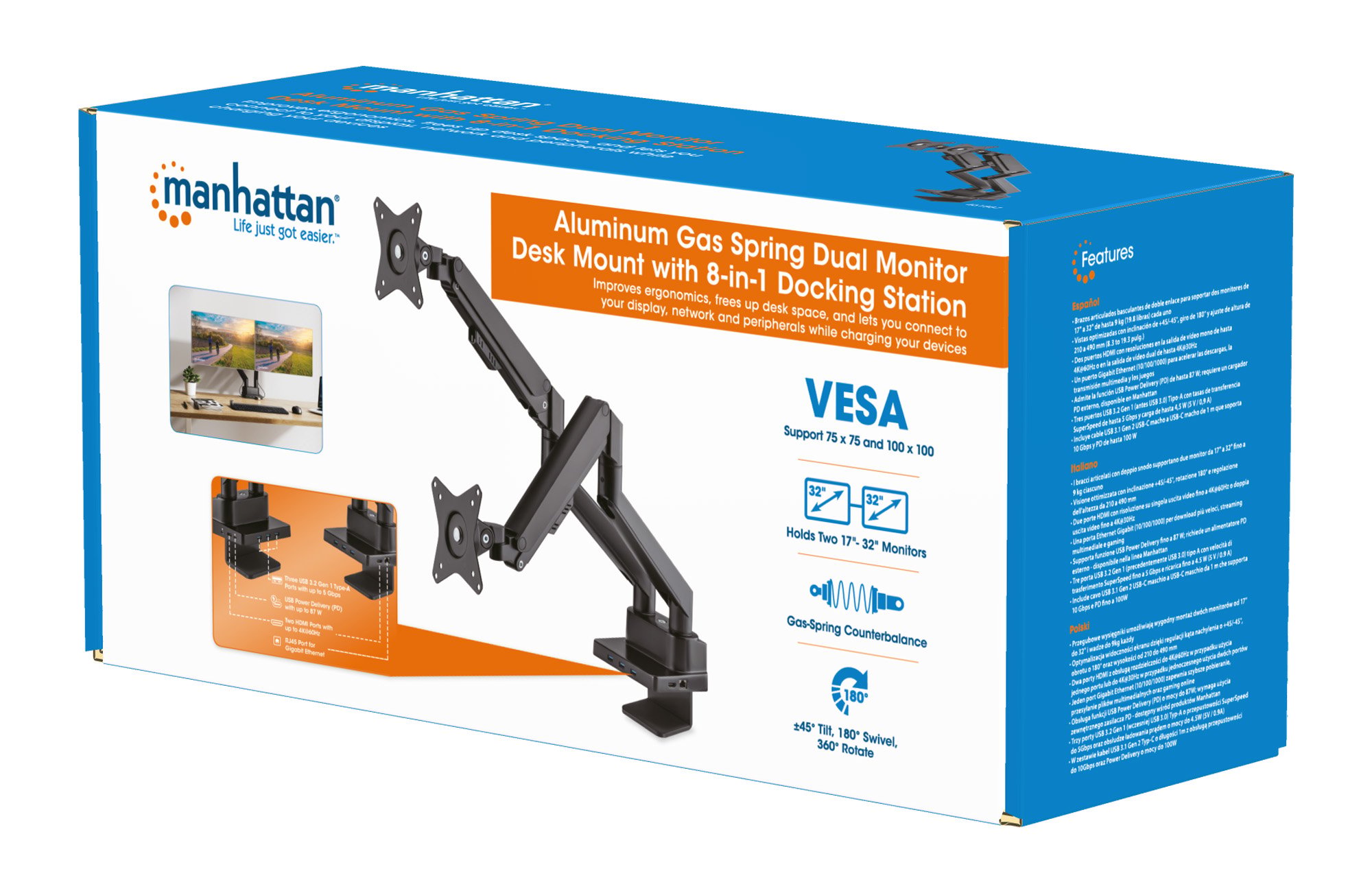 Supporto da Scrivania Doppio Monitor 17-32'' con Molla a Gas e Docking Station 8-in-1 MANHATTAN - immagine 2