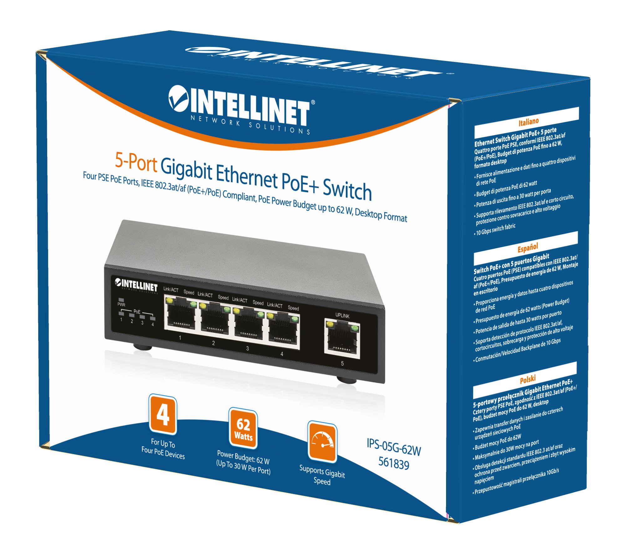 Ethernet Switch Gigabit PoE+ 5 porte INTELLINET - immagine 2