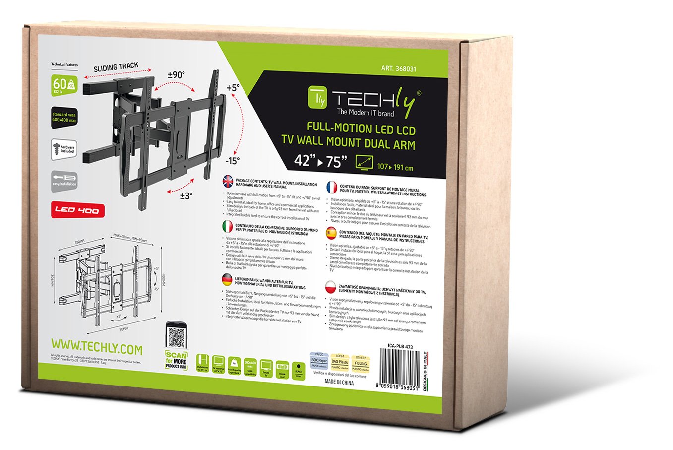 Staffa a Muro con Doppio Braccio per TV LCD 42-75'' Full-Motion TECHLY - immagine 2