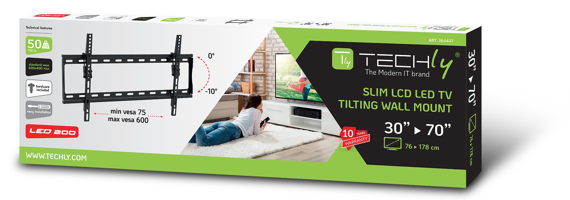 Staffa a Muro Inclinabile TV LED LCD 30-70'' Nero TECHLY - immagine 2