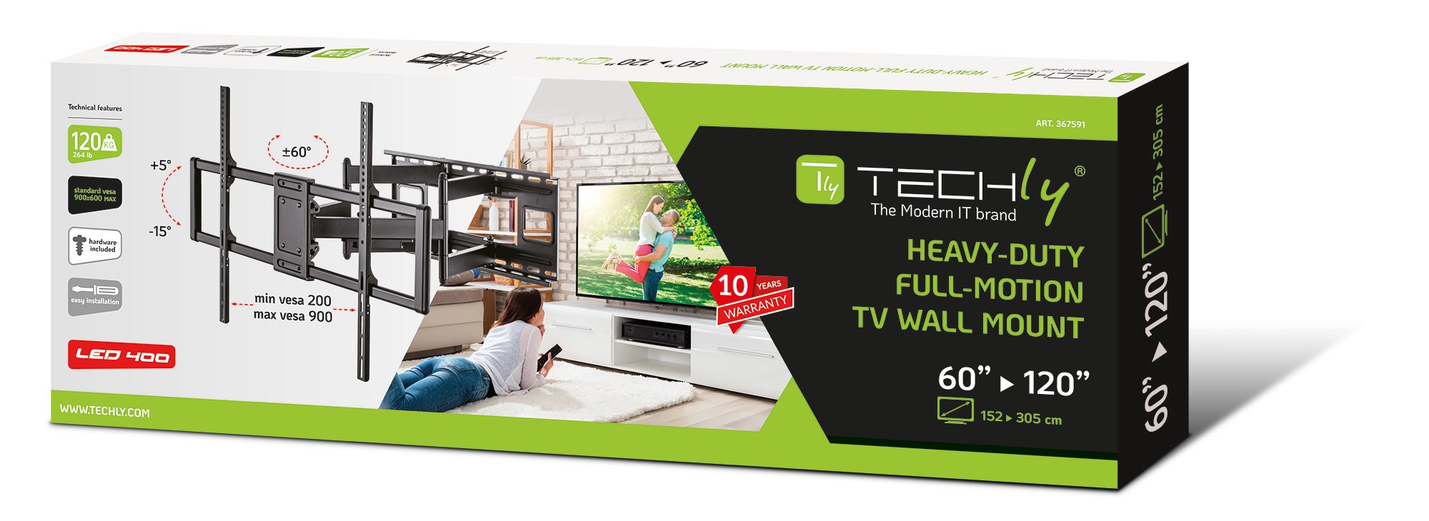 Staffa a Muro Slim per TV LED LCD 60-120'' Nero TECHLY - immagine 2
