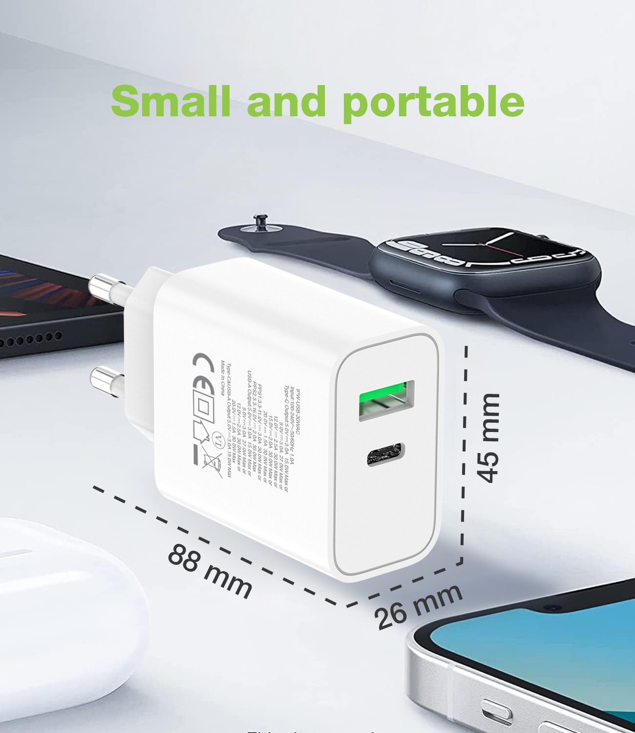 Caricatore Alimentatore GaN USB-C™ 30W e USB-A QC3.0 da Muro TECHLY - immagine 3