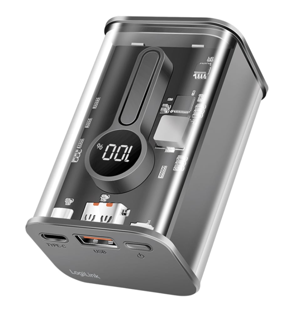 Power Bank 10000 mAh 1x USB-A 1x USB-C™ con Display PD & QC Trasparente LOGILINK