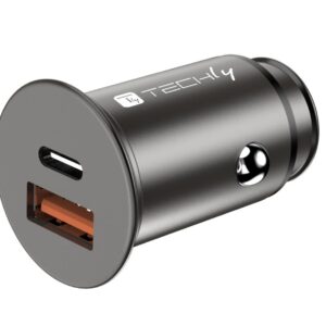 Mini Caricatore da Auto USB-A e USB-C&trade; Ricarica rapida 38W Metallo Nero TECHLY