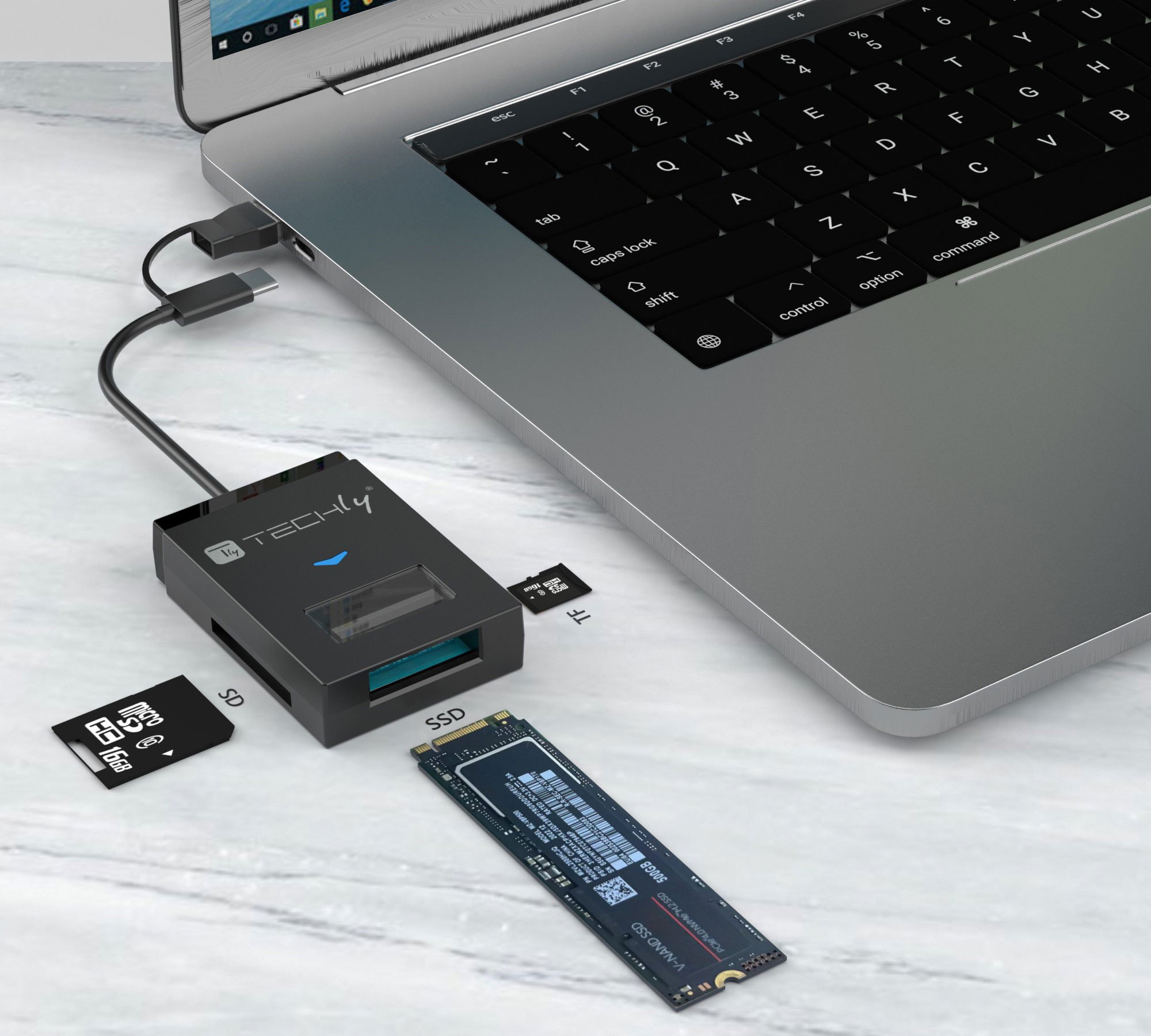 Adattatore USB-A/USB-C™ a NVME/SATA M.2 con Lettore Memorie SD/TF TECHLY - immagine 3
