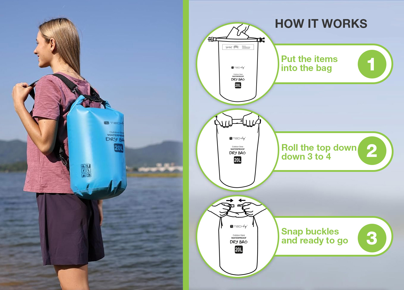 Sacca Impermeabile 20L Dry Bag con Tracolla Regolabile Azzurro TECHLY - immagine 3