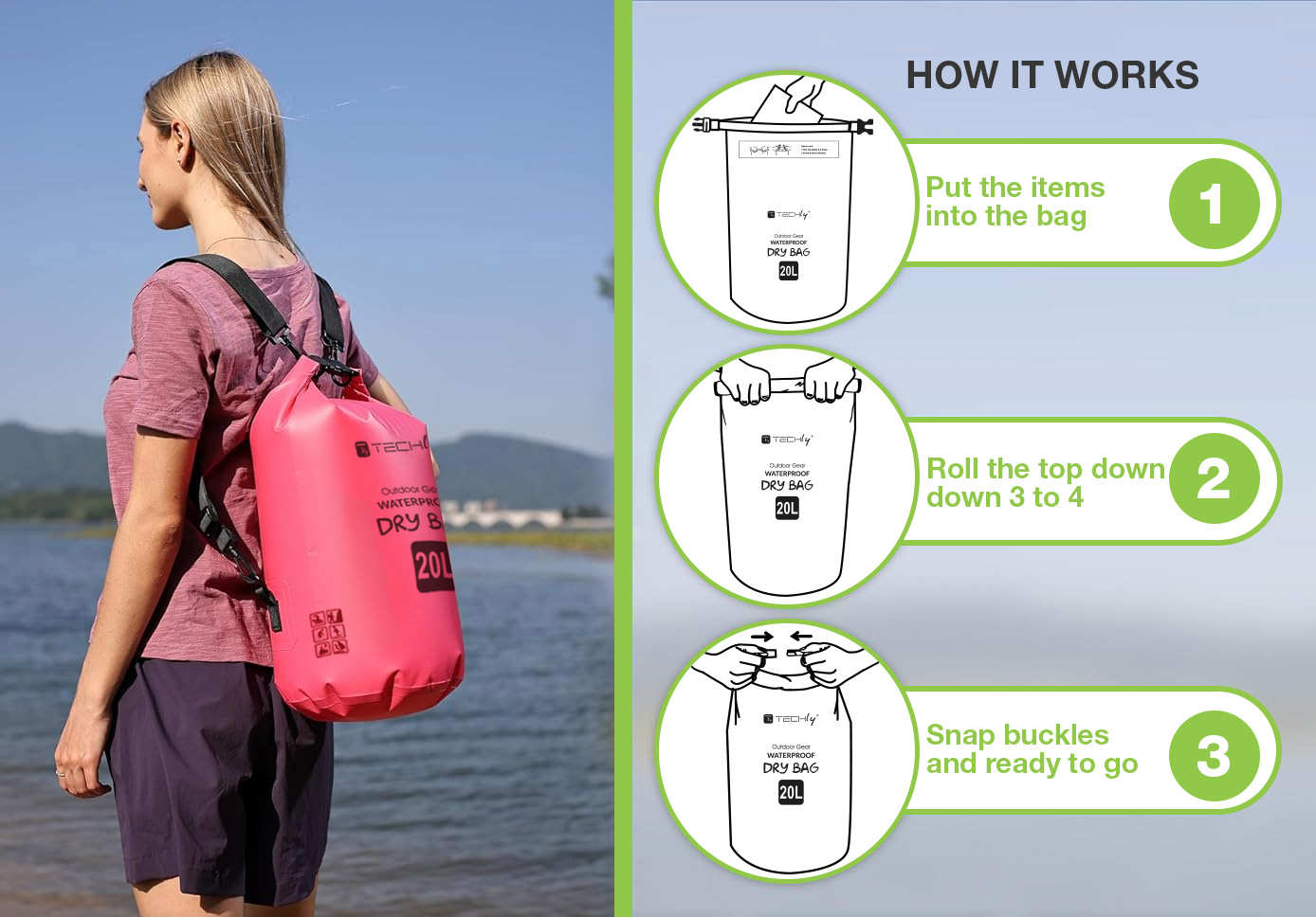Sacca Impermeabile 20L Dry Bag con Tracolla Regolabile Fucsia TECHLY - immagine 3
