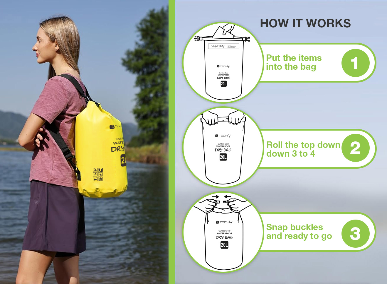 Sacca Impermeabile 20L Dry Bag con Tracolla Regolabile Giallo TECHLY - immagine 3