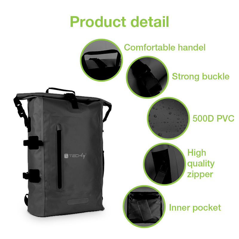 Zaino Impermeabile 25L Roll-Top con Striscia Riflettente Nero TECHLY - immagine 3