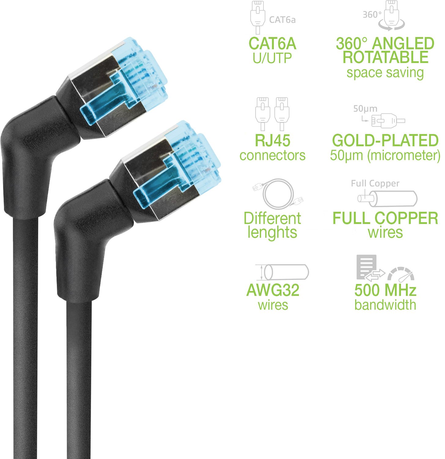 Cavo di rete Patch Slim Angolato 90° Rame TPE Cat. 6A Nero UTP 0,5 m TECHLY PROFESSIONAL - immagine 3