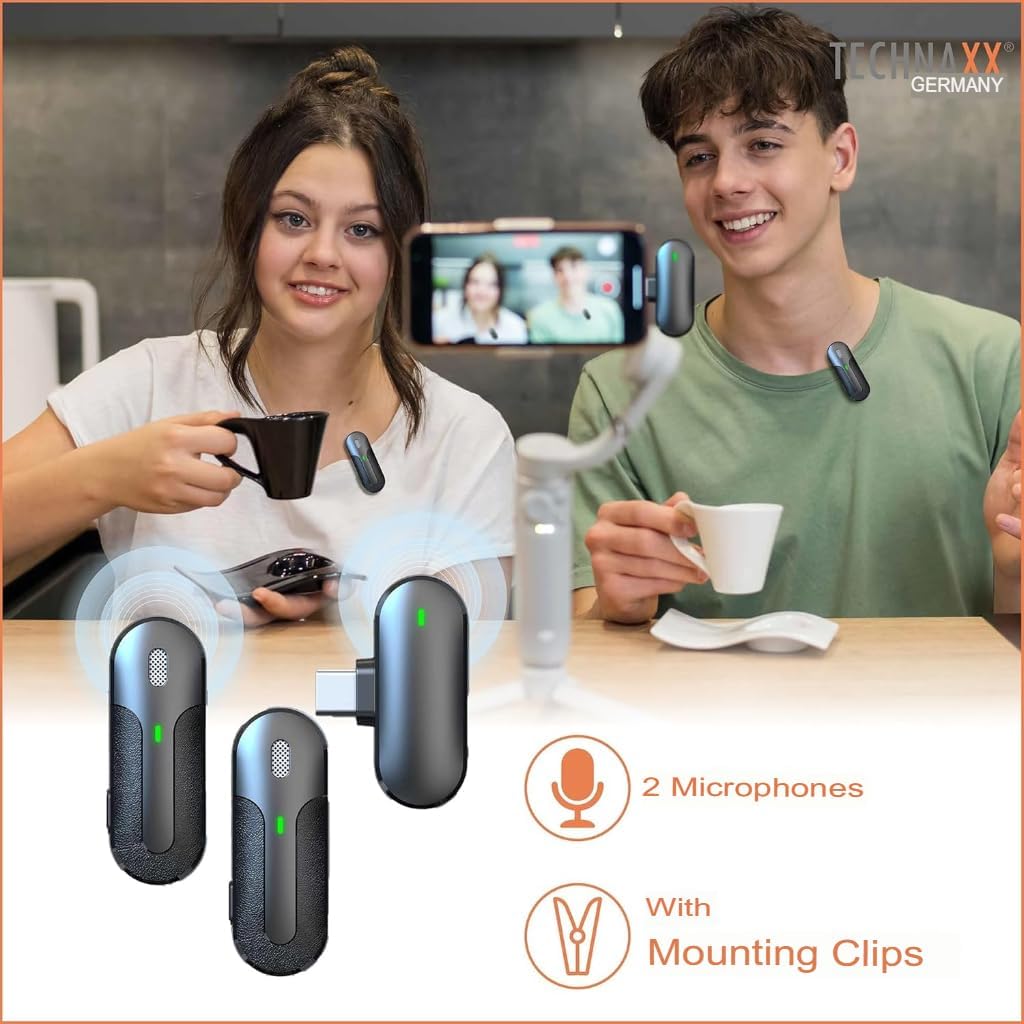 Set 2 Mini Microfoni Lavalier Wireless con Ricevitore USB-C™ e Custodia di Ricarica, TX301 TECHNAXX - immagine 3