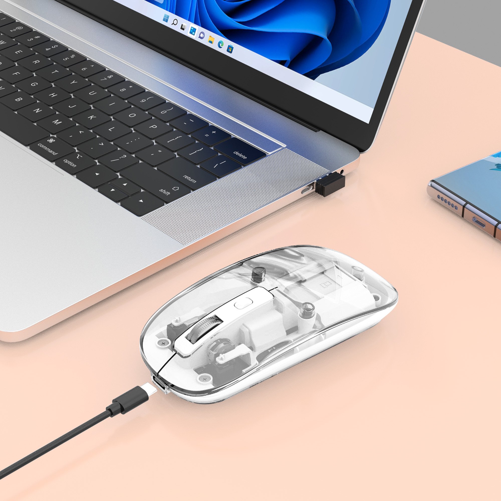 Mouse Ottico Wireless 800-1600 dpi con Micro Ricevitore USB Bianco Trasparente MANHATTAN - immagine 5