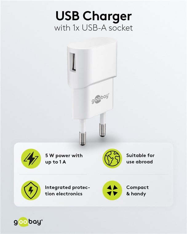 Caricatore USB 1A 5W Compatto Spina Europea Bianco GOOBAY - immagine 3