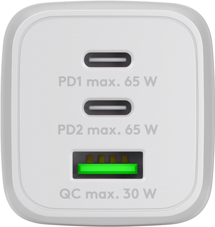 Nano Caricatore Alimentatore GaN 2xUSB-C™ (PD) + USB-A (QC) da Muro 65W Bianco GOOBAY - immagine 3