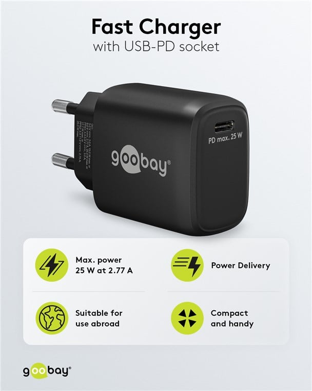 Caricatore Alimentatore GaN USB-C™ PD da Muro 25W Nero GOOBAY - immagine 3