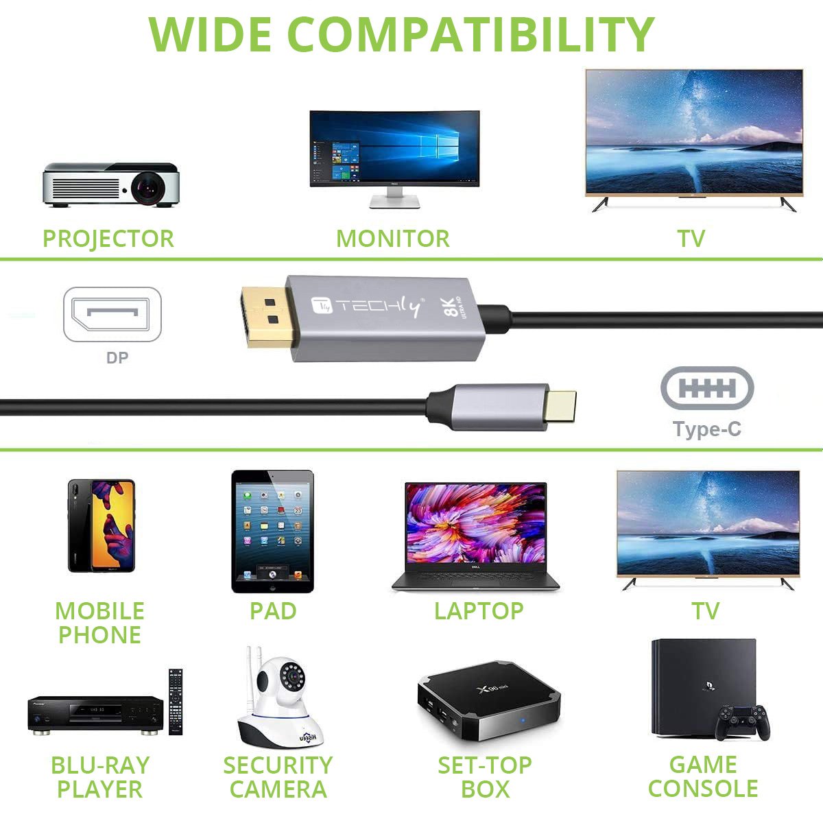 Cavo Adattatore USB-C™ 3.2 a Displayport 1.4 8K@60Hz 1,8 m TECHLY - immagine 2