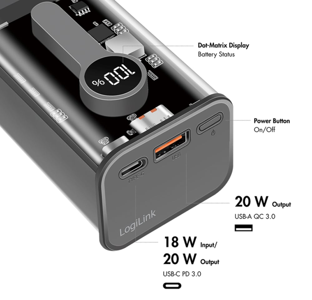Power Bank 10000 mAh 1x USB-A 1x USB-C™ con Display PD & QC Trasparente LOGILINK - immagine 2