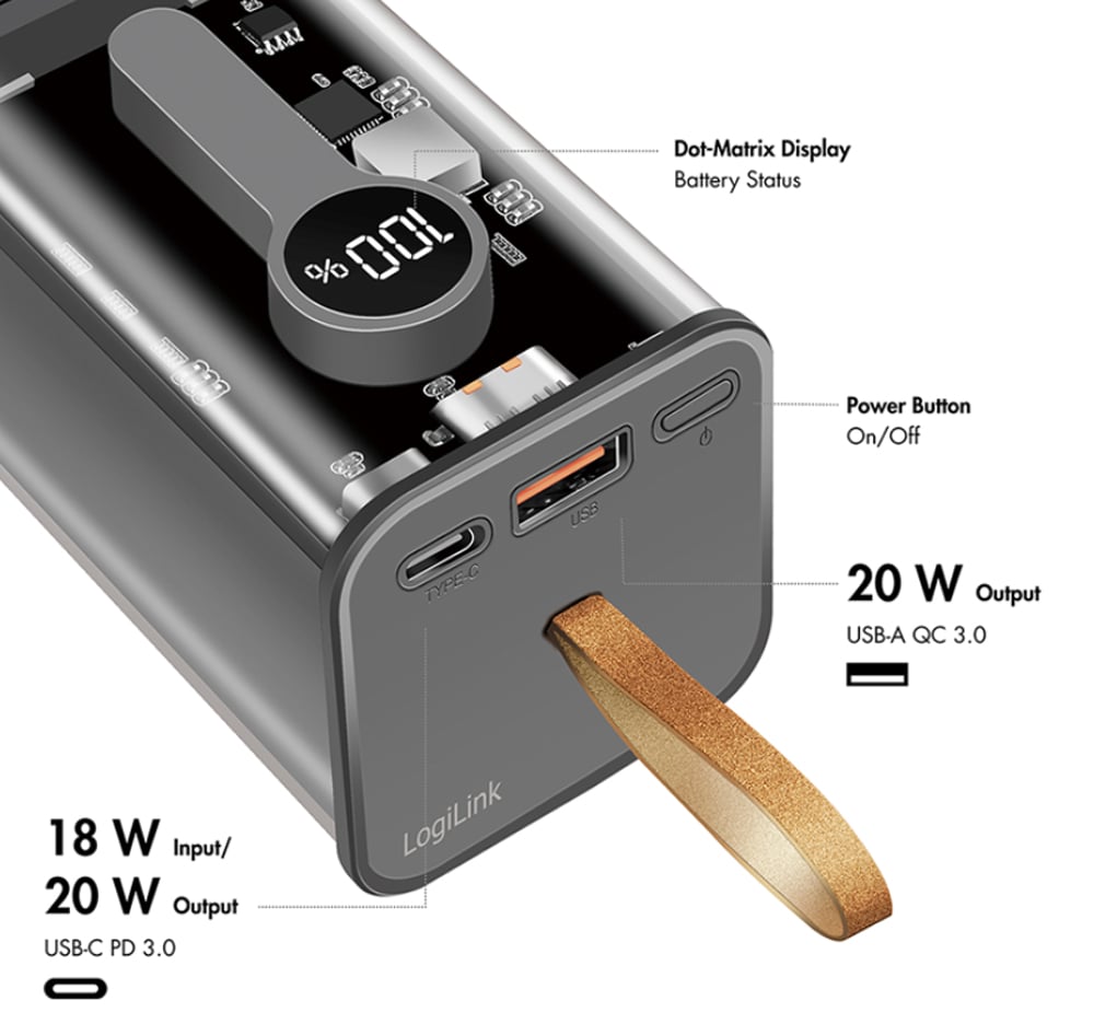 Power Bank 20000 mAh 1x USB-A 1x USB-C™ con Display PD & QC Trasparente LOGILINK - immagine 2