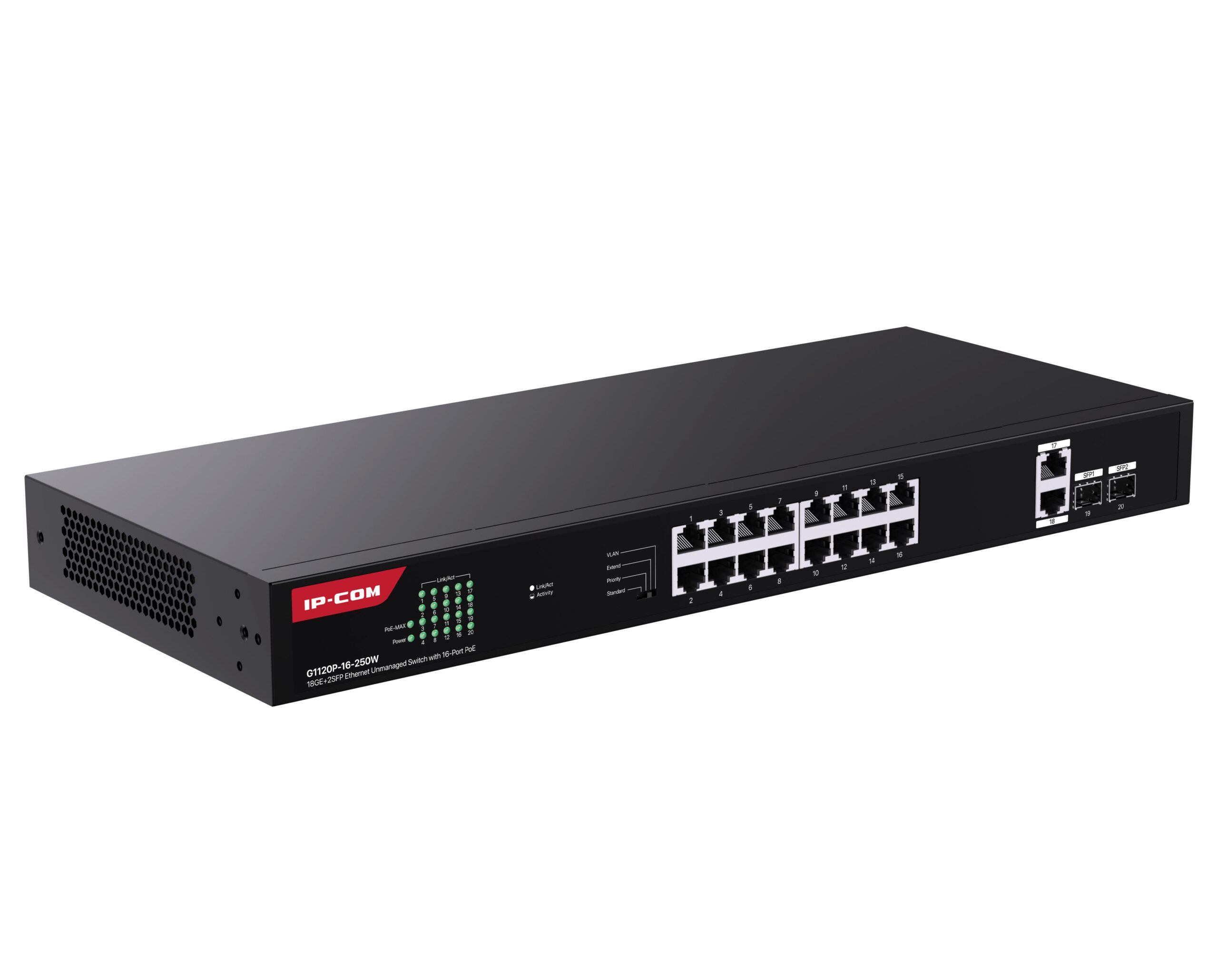 Switch Ethernet 18GE+2SFP non gestito con PoE 16 Porte, G1120P-16-250W IP-COM - immagine 2