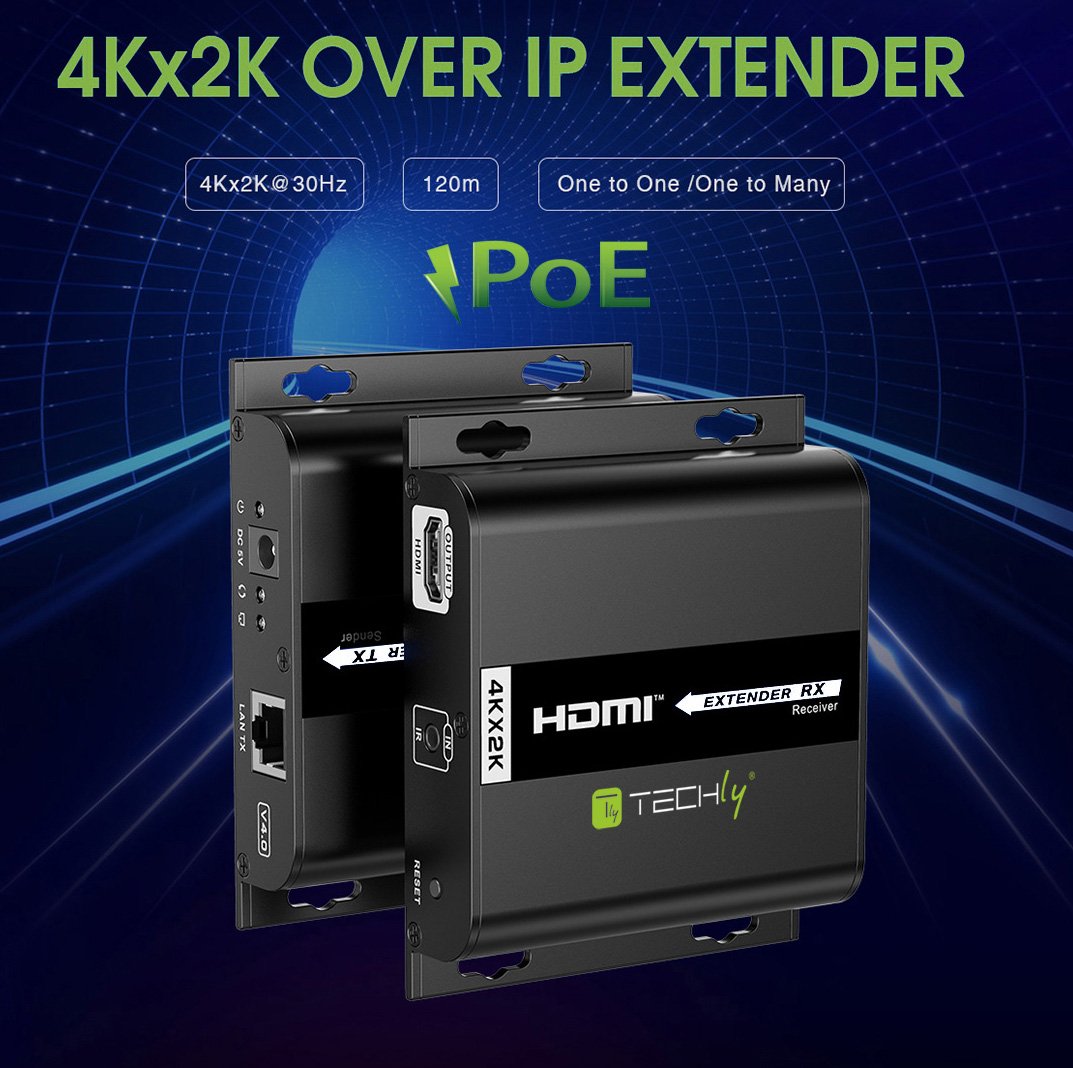 Ricevitore Aggiuntivo per Extender HDMI over IP con PoE IR 4K UHD su Cavo Cat.6 fino a 120m TECHLY - immagine 2