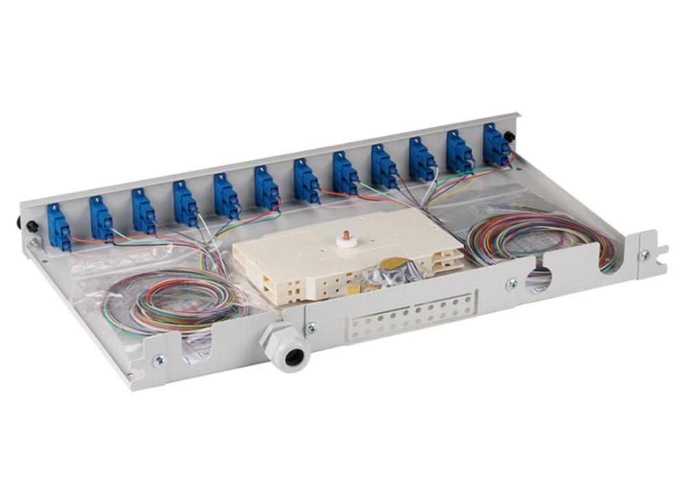 Cassetto Ottico 19'' Assemblato con 12 Bussole e 24 Pigtails SC Duplex Monomodale OS2 OEM - immagine 3