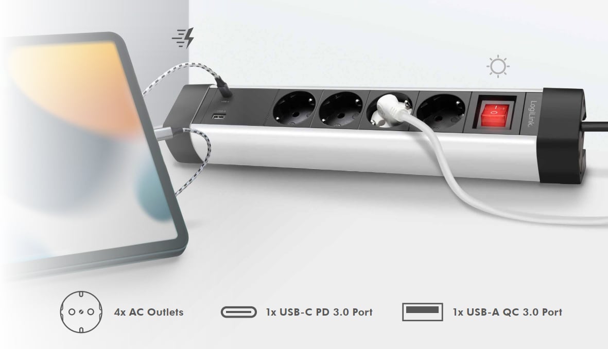 Presa Multipla a 4 vie con Presa USB-C™ PD e USB-A QC per la Ricarica Veloce LOGILINK - immagine 2