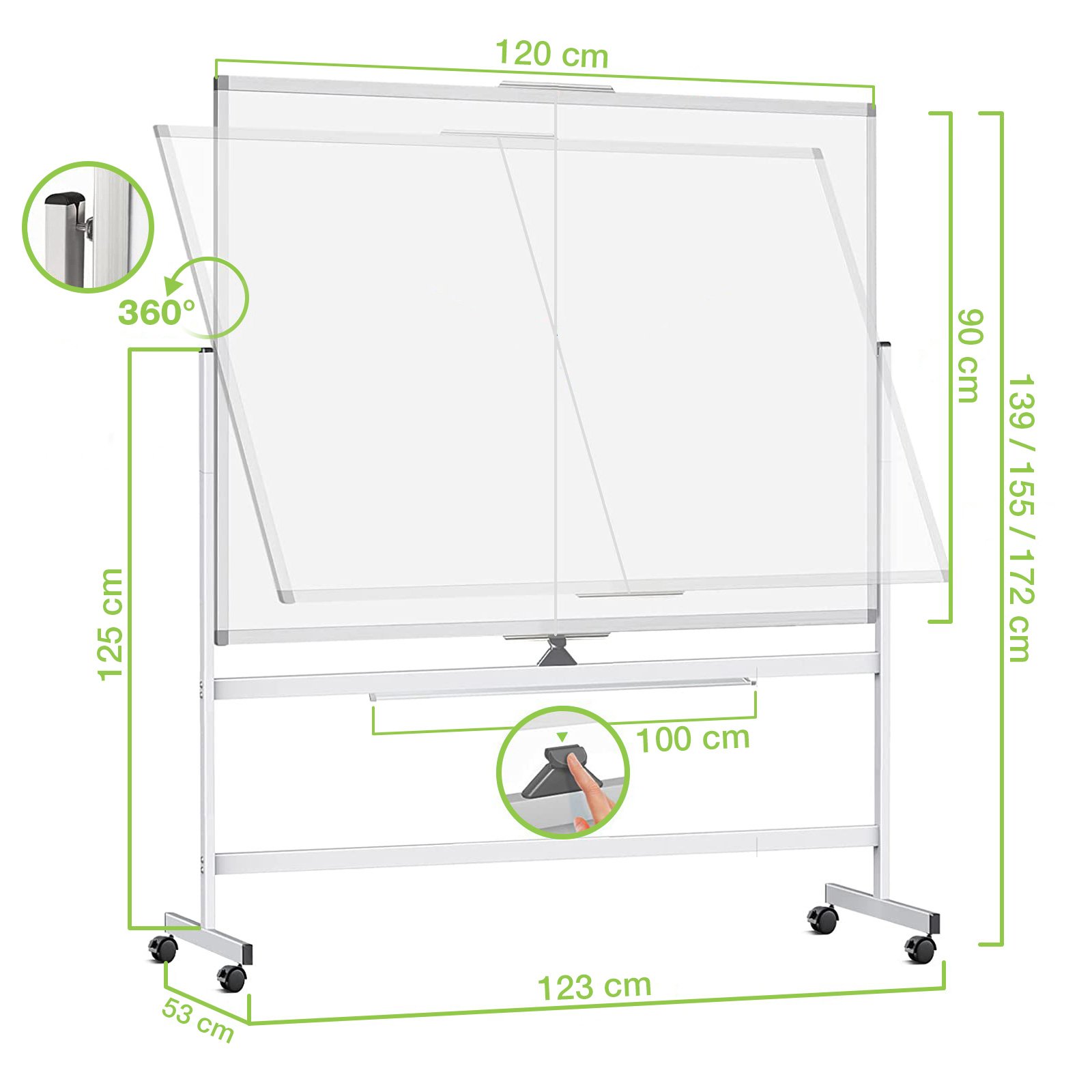 Lavagna Magnetica Bifacciale 90x120 cm con Ruote e Mensola per Pennarelli con Ganci Portablocco TECHLY - immagine 3