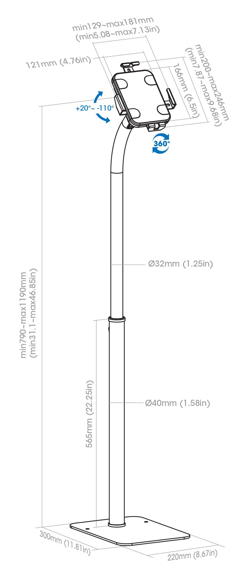 Supporto da Pavimento Antifurto per Tablet 7,9-11'' con Rotazione 360° MANHATTAN