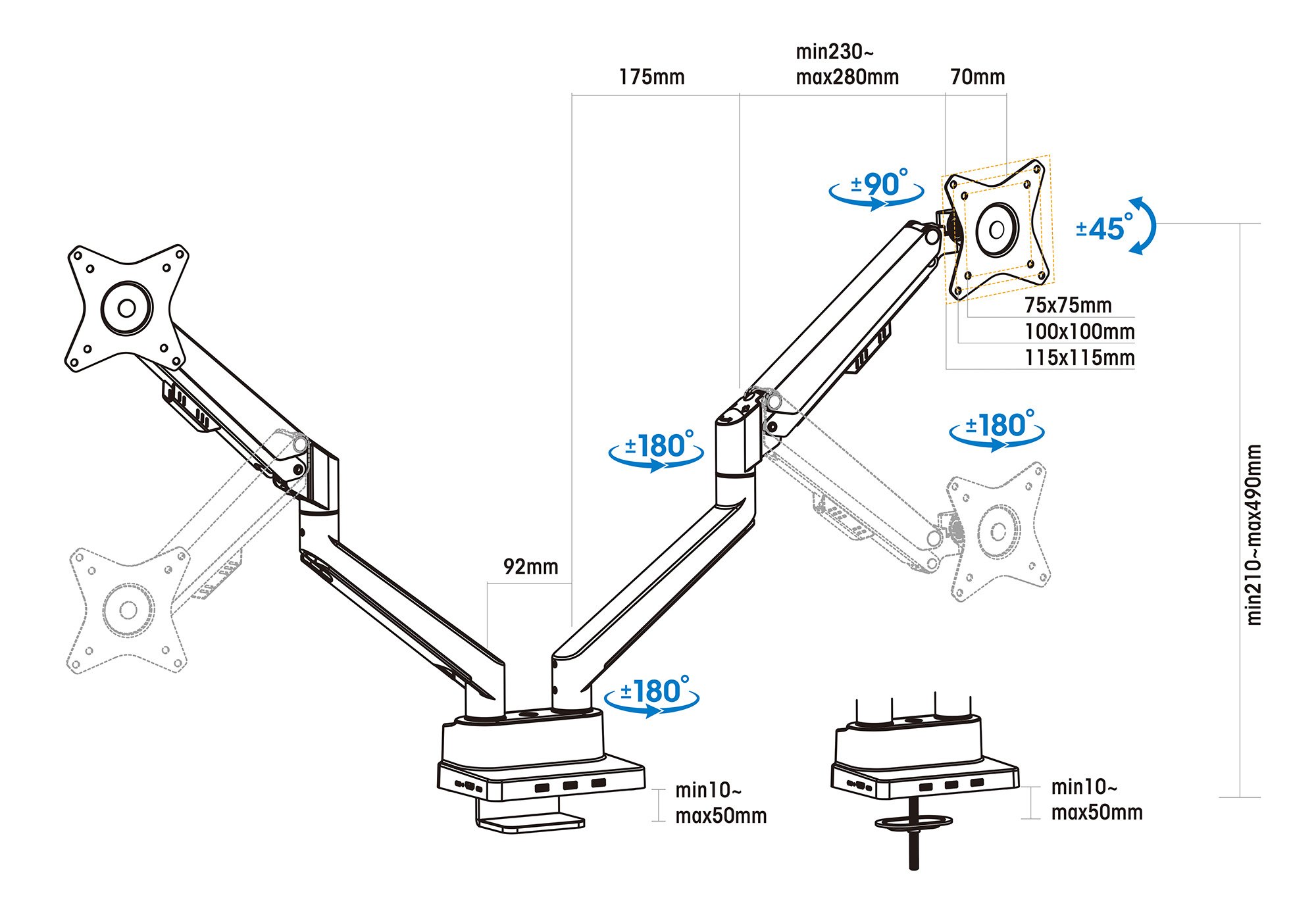 Supporto da Scrivania Doppio Monitor 17-32'' con Molla a Gas e Docking Station 8-in-1 MANHATTAN - immagine 3