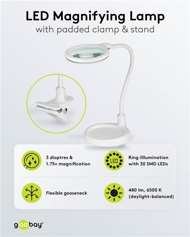 Lampada LED con Lente d'ingrandimento Base di Appoggio e Clip da Tavolo 6W Bianco GOOBAY - immagine 7