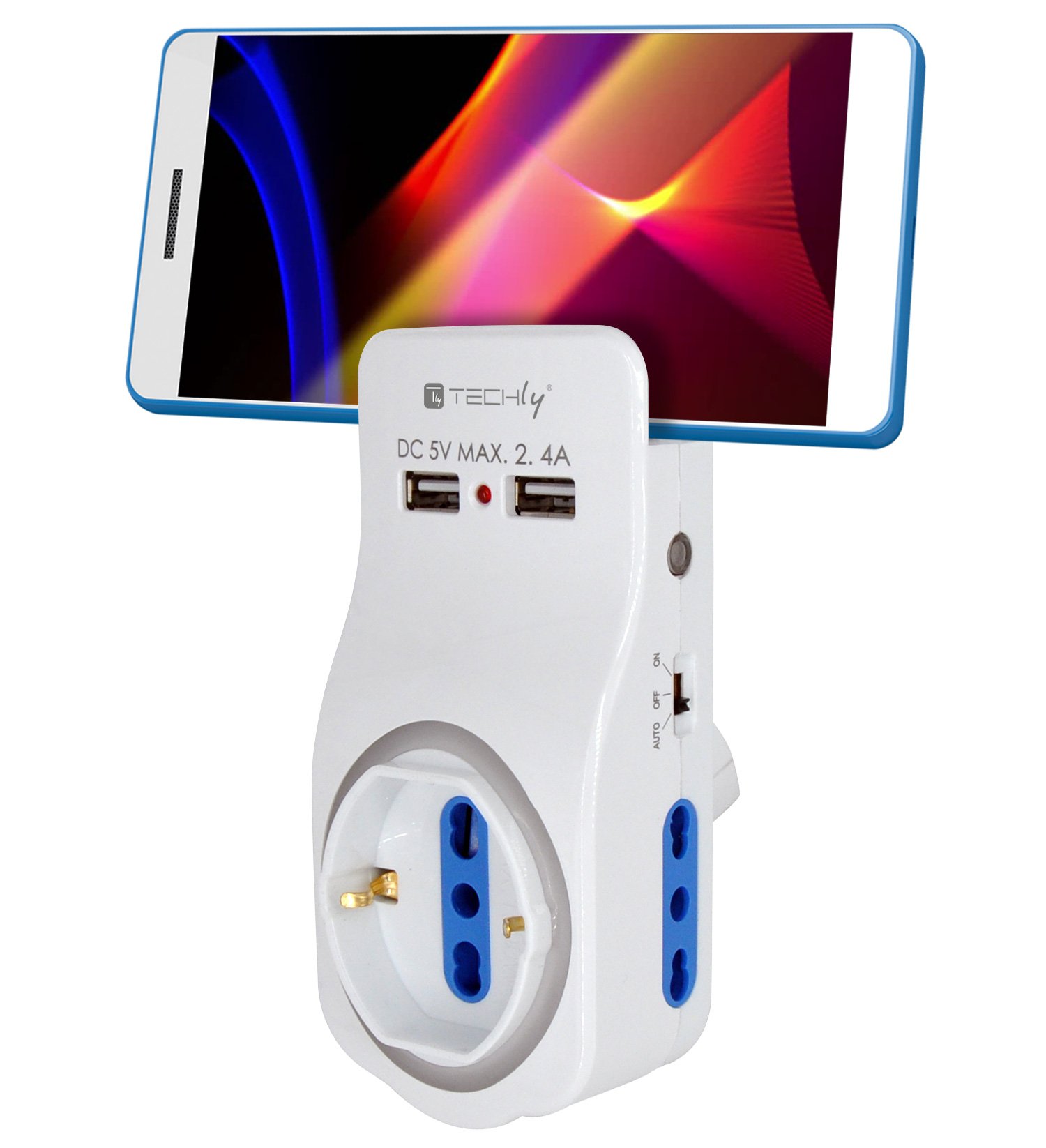 Multipresa 3 Posti e 2 Porte USB con Supporto per Smartphone e Luce Notturna TECHLY