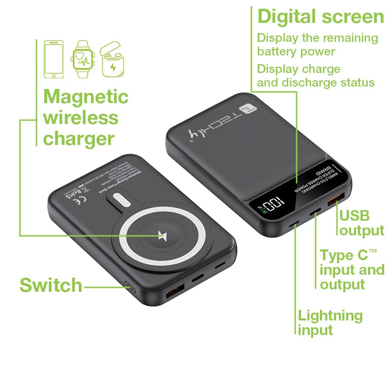 Power Bank Wireless Magnetico 3 in 1 con LED 10.000 mAh 22,5W Nero TECHLY - immagine 4
