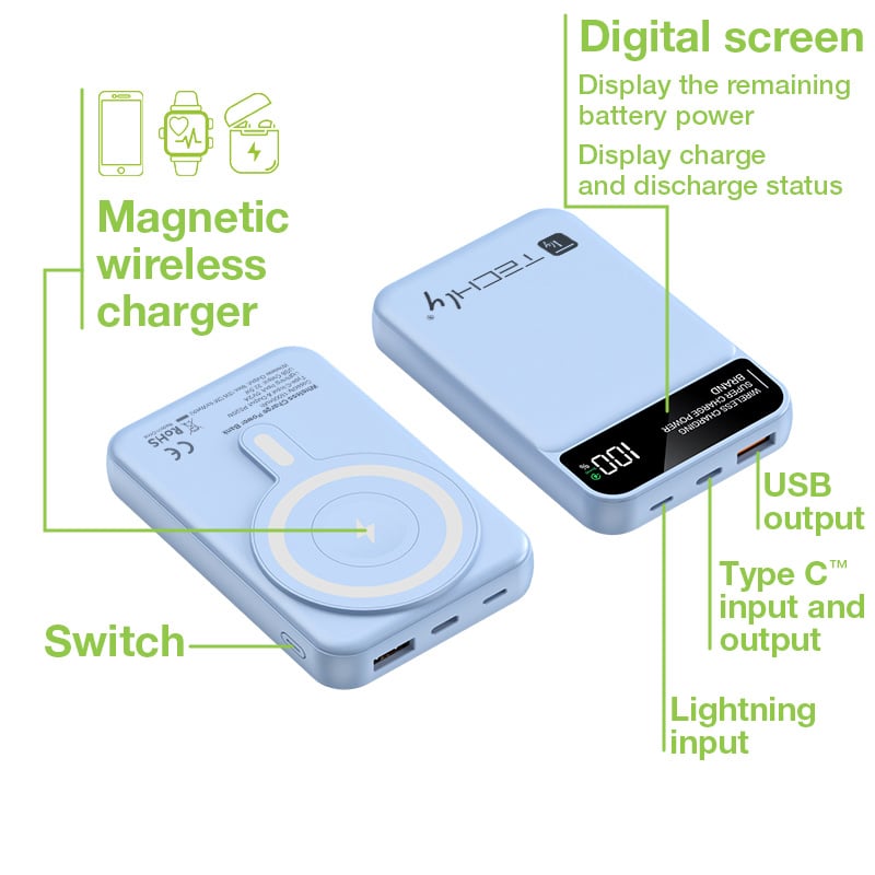 Power Bank Wireless Magnetico 3 in 1 con LED 10.000 mAh 22,5W Azzurro TECHLY - immagine 4