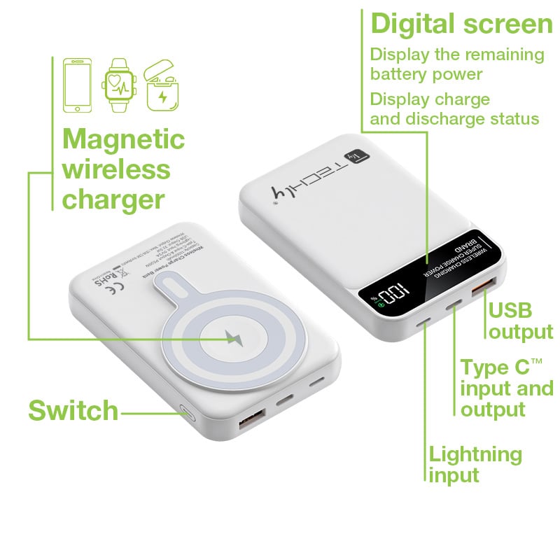 Power Bank Wireless Magnetico 3 in 1 con LED 10.000 mAh 22,5W Bianco TECHLY - immagine 4