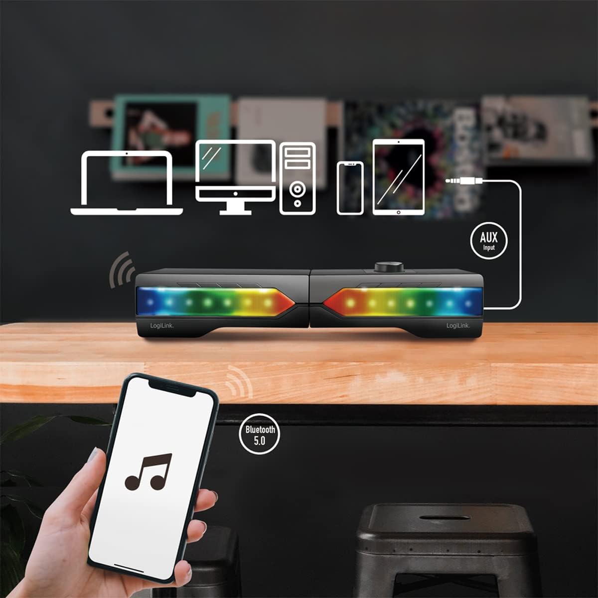 2 in 1 Gaming Sound System Soundbar e Speakers Bluetooth v5.0 Illuminazione RGB LOGILINK - immagine 7