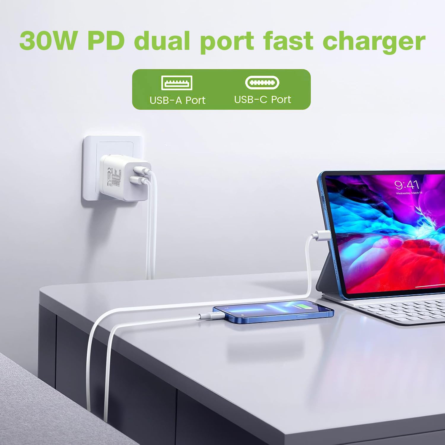 Caricatore Alimentatore GaN USB-C™ 30W e USB-A QC3.0 da Muro TECHLY - immagine 6