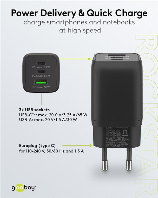 Nano Caricatore Alimentatore GaN 2xUSB-C™ (PD) + USB-A (QC) da Muro 65W Nero GOOBAY - immagine 4