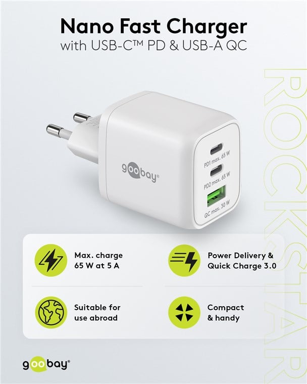Nano Caricatore Alimentatore GaN 2xUSB-C™ (PD) + USB-A (QC) da Muro 65W Bianco GOOBAY - immagine 4