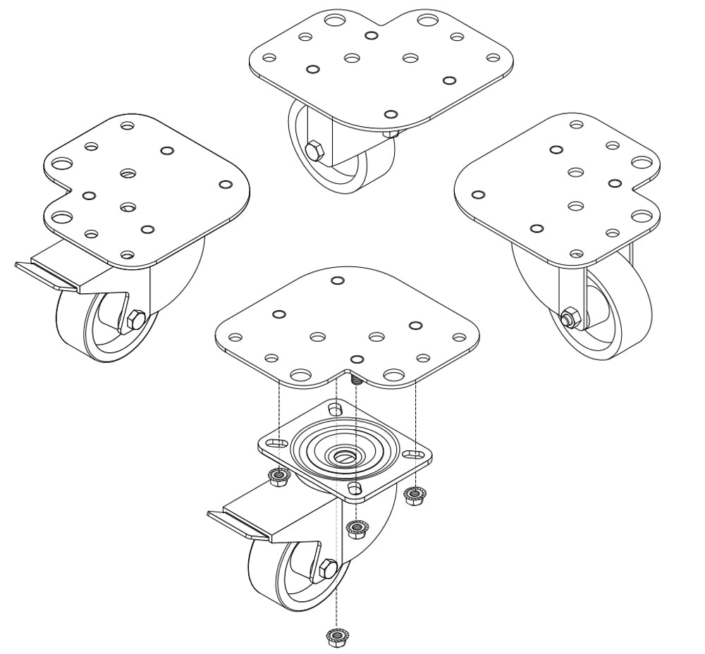 Kit 4 Ruote per Armadi con Piastre per Montaggio Simultaneo Piedini INTELLINET - immagine 4