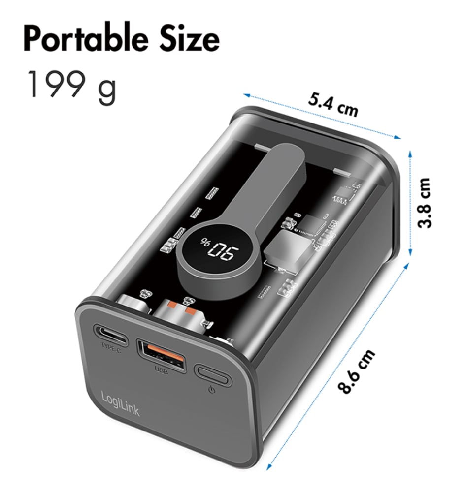 Power Bank 10000 mAh 1x USB-A 1x USB-C™ con Display PD & QC Trasparente LOGILINK - immagine 3