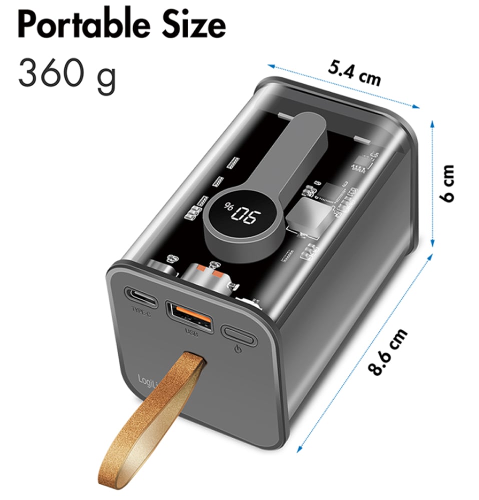 Power Bank 20000 mAh 1x USB-A 1x USB-C™ con Display PD & QC Trasparente LOGILINK - immagine 3