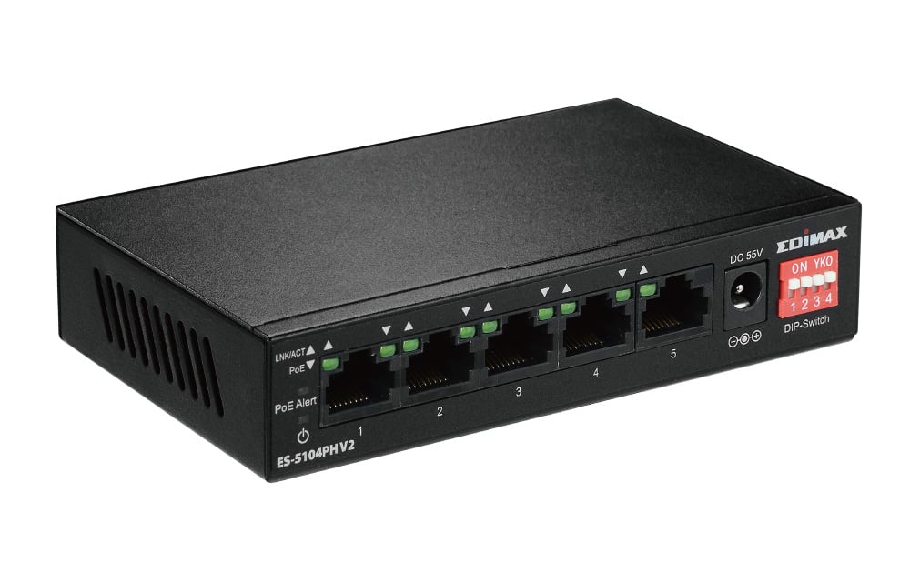 Switch 5 Porte Fast Ethernet a Lungo Raggio con 4 porte PoE+ e Switch DIP, ES-5104PH V2 EDIMAX - immagine 4