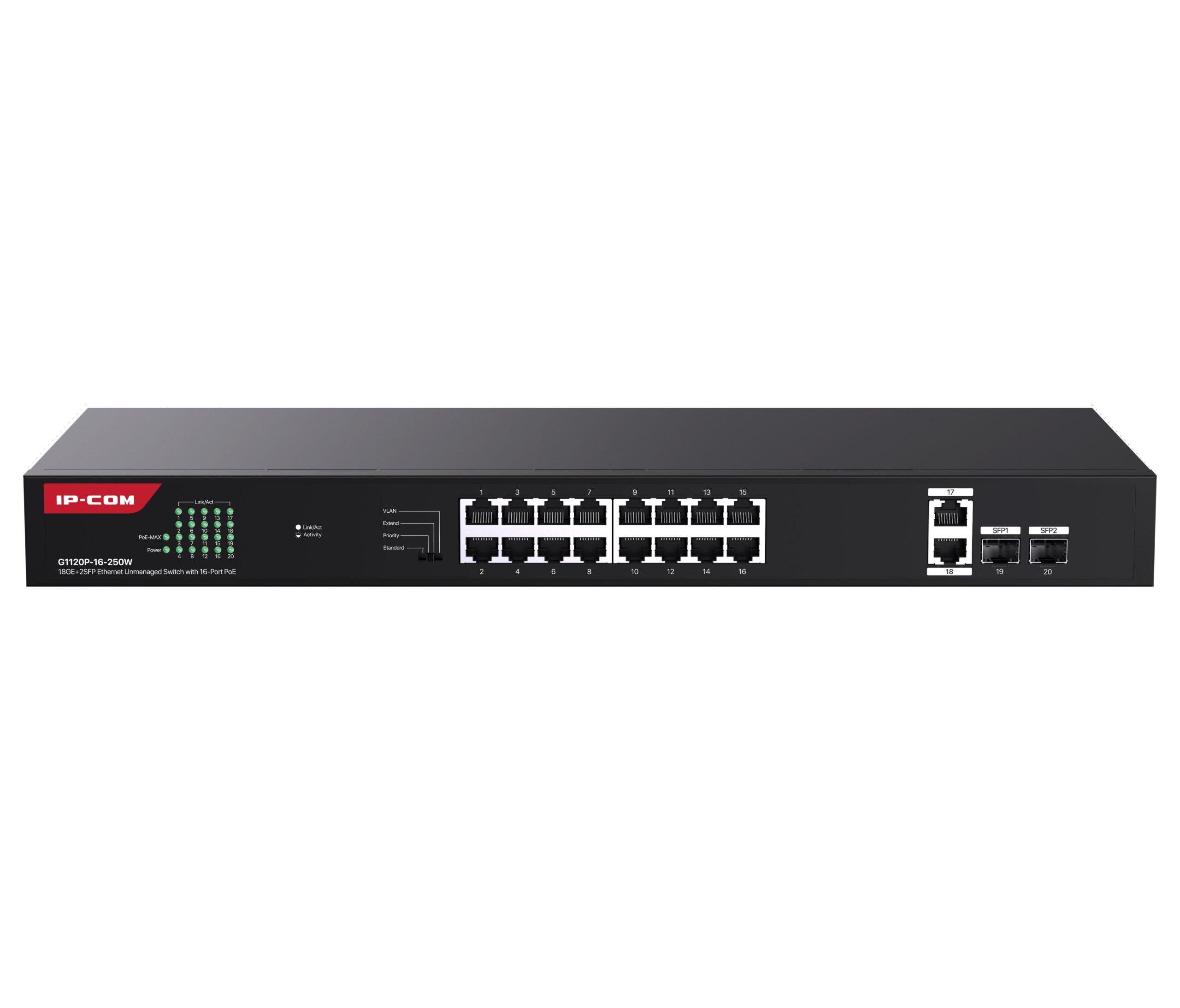 Switch Ethernet 18GE+2SFP non gestito con PoE 16 Porte, G1120P-16-250W IP-COM - immagine 3